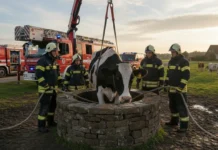 Brandweer redt koe uit put aan Visschersdijk Markelo